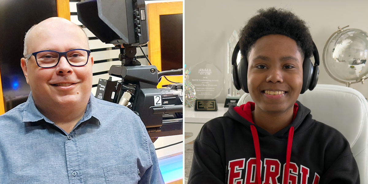 A combined pic of two DC graduates, photographed in their homes.