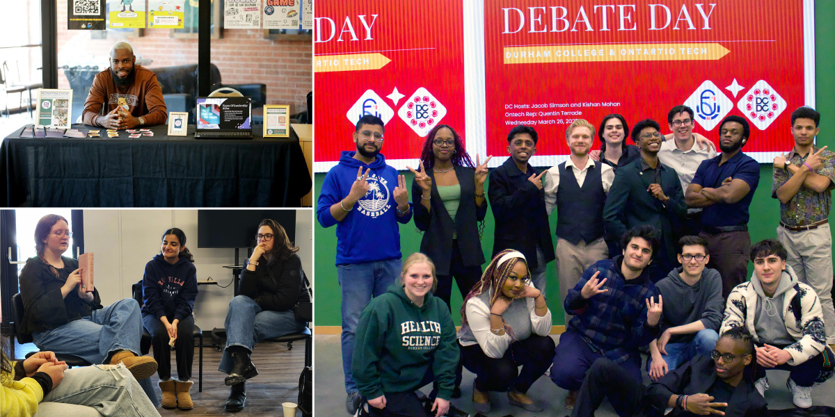 Students gather for campus engagement activities: at left, a student hosts an information table with flyers and displays; bottom left, a small group sits in a circle during a discussion; and at right, a large group of students pose together in front of a bright red “Debate Day” screen celebrating a college event.