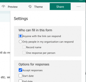 Microsoft Forms "anyone with link can respond" selected