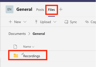Teams interface showing Files section with Recordings folder