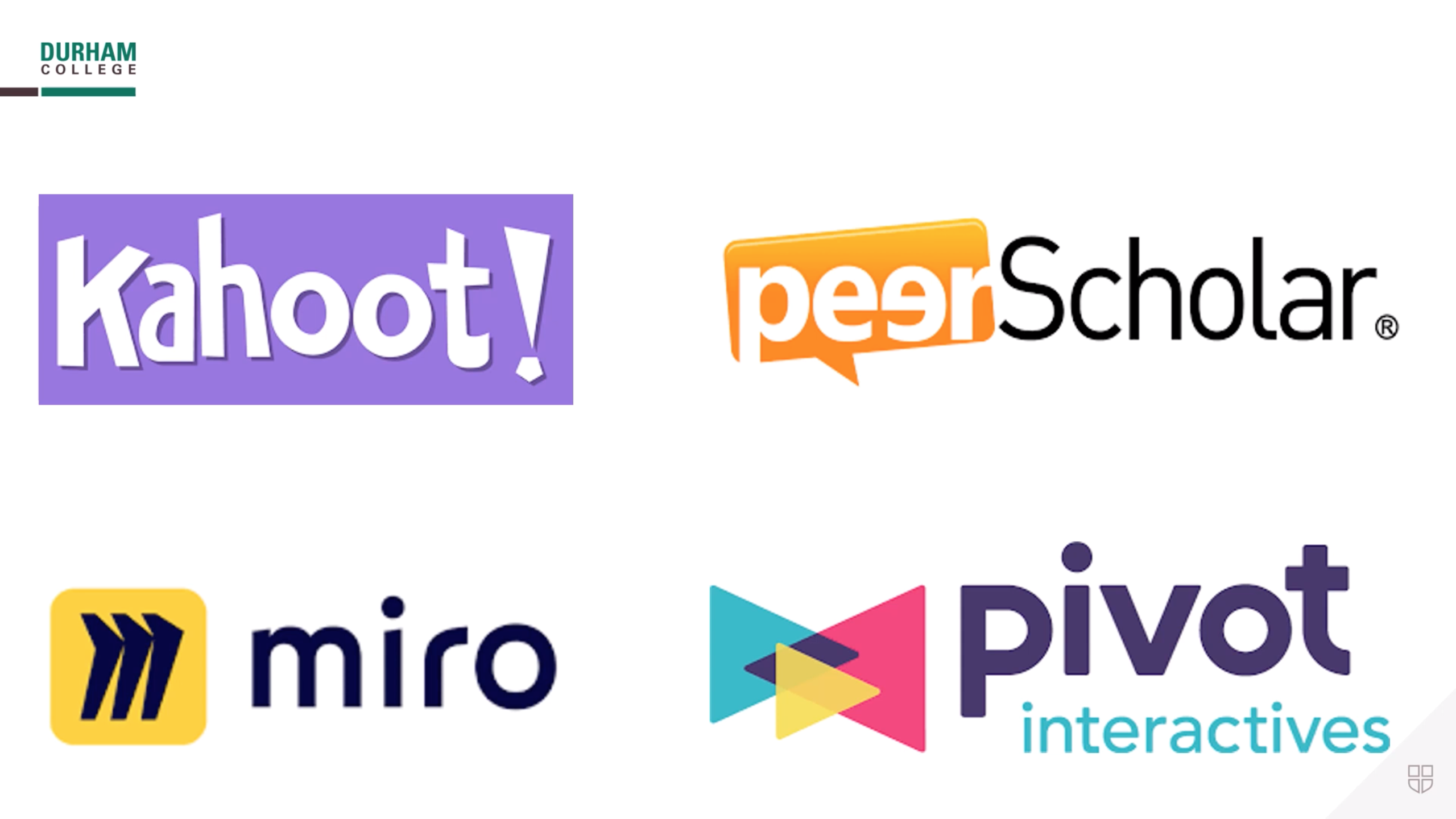 Kahoot!, Miro, Pivot Interactives, peerScholar logos