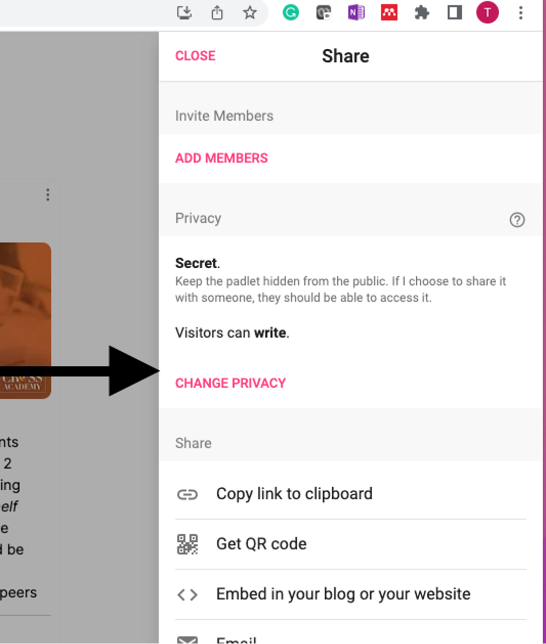 Screenshot of Padlet share settings. Arrow points to “Change Privacy” heading in share options