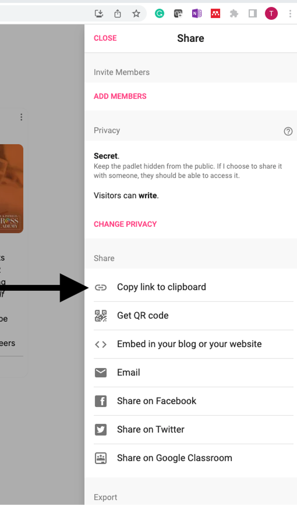 Screenshot of Padlet share settings. Arrow points to “Copy link to clipboard” share option