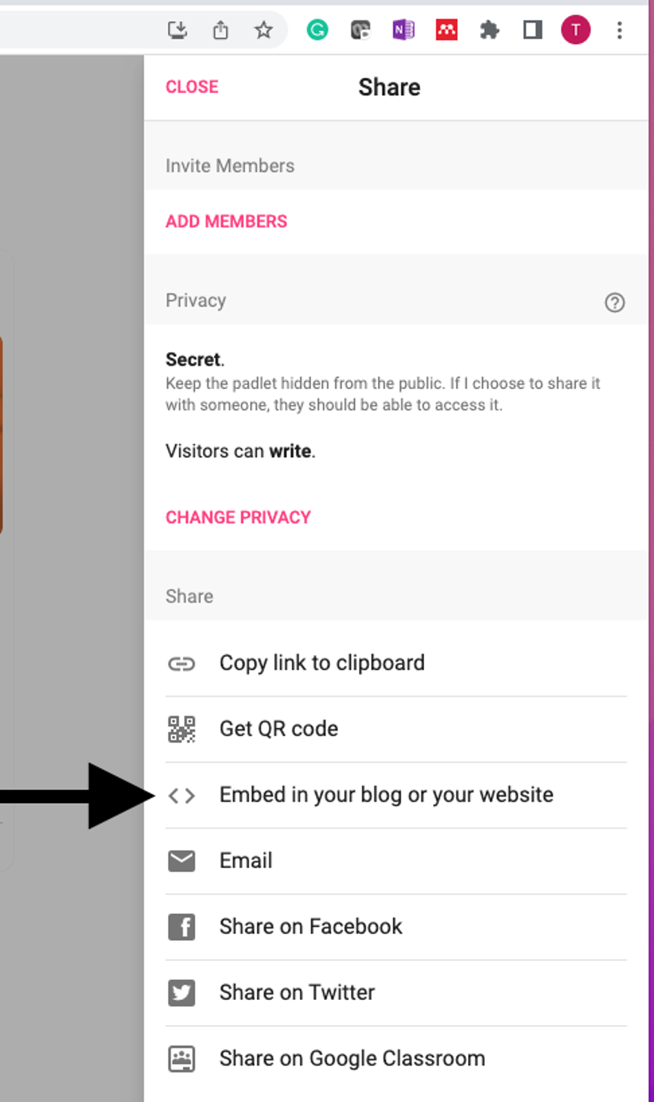 Screenshot of Padlet share settings. Arrow points to “Embed in your blog or your website” share option