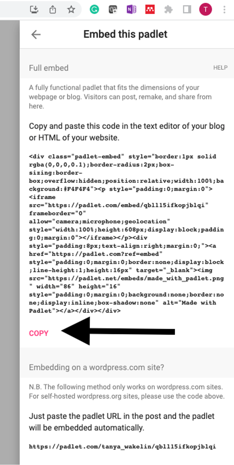 Screenshot of Padlet share settings. Arrow points to “Copy” share option. Embed code to Padlet displayed above “Copy” share option