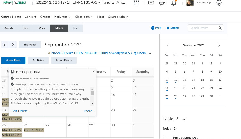 Screenshot of the calendar in DC Connect