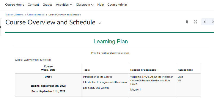 Screenshot of an example course schedule in DC Connect