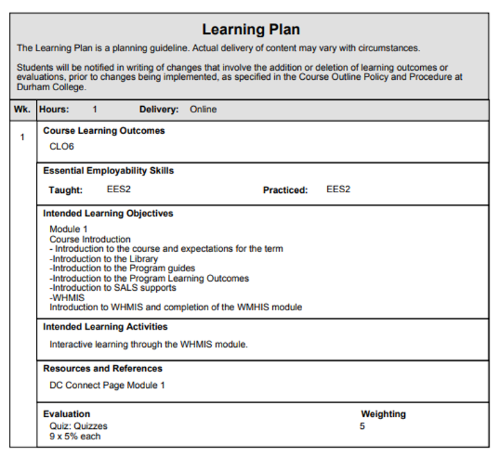 Screenshot of example learning plan