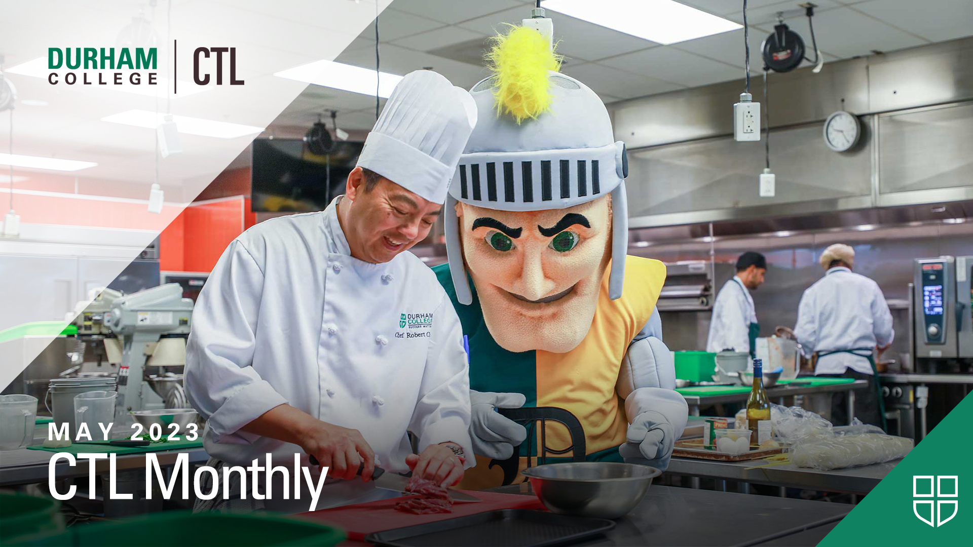 A cook chops up meat on a cutting board with a knife. The Durham College Durham mascot - Lord Durham - watches to his left