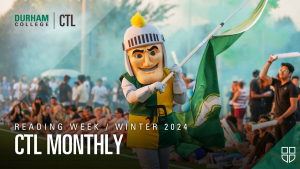 CTL Monthly. Reading Week - Winter 2024. Lord Louie waving a DC flag during the 2023 Campus Cup