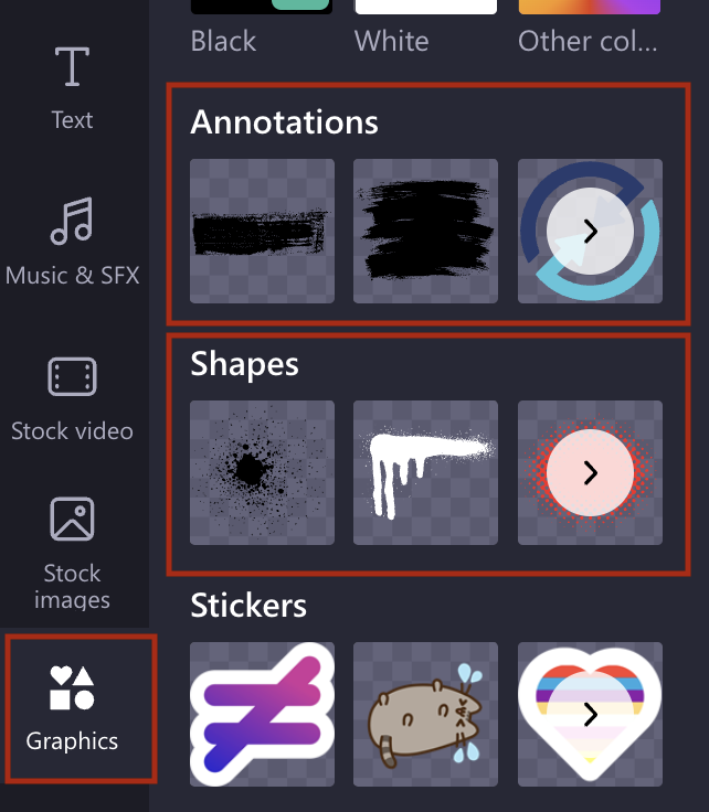 Clipchamp user interface. Graphics icon selected as well as Annotations and Shapes.