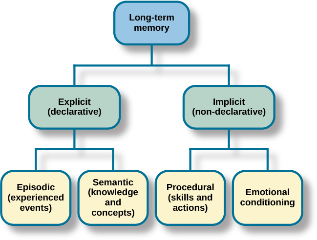 Flow chart of long-term memory, showing explicit and implicit memory subtypes: episodic, semantic, procedural, and emotional conditioning.