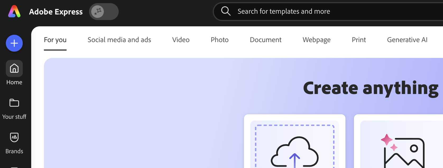 User interface, Adobe Express home page.