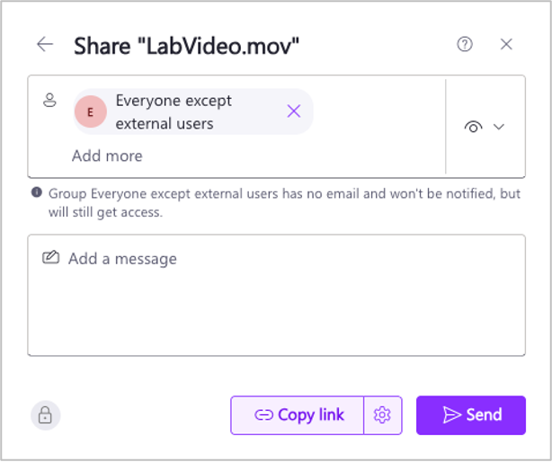 Clipchamp interface. Group text added for Everyone except external users. Send button.