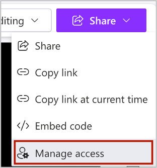 Clipchamp interface. Share menu with Manage access selected.