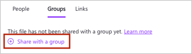 Clipchamp interface. Group tab selected and Share with group highlighted.