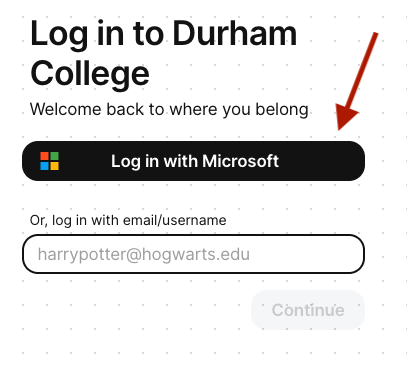 Padlet user interface. Log in to Durham College. Log in with Microsoft button selected.