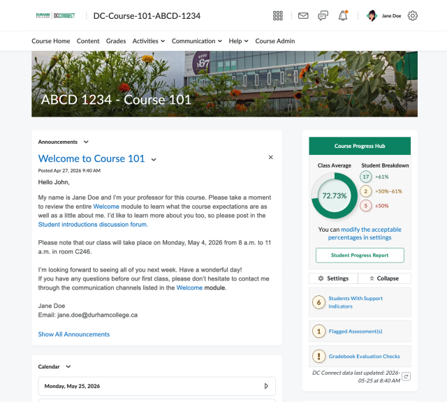 Screenshot of the Course Progress Hub in DC Connect.
