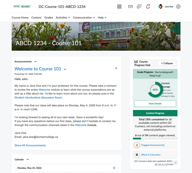 Screenshot of the Course Progress Hub in DC Connect.