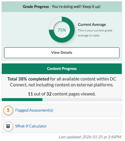 Screenshot of green version of the student view in the Course Progress Hub.