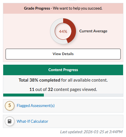 Screenshot of red version of the student view in the Course Progress Hub.