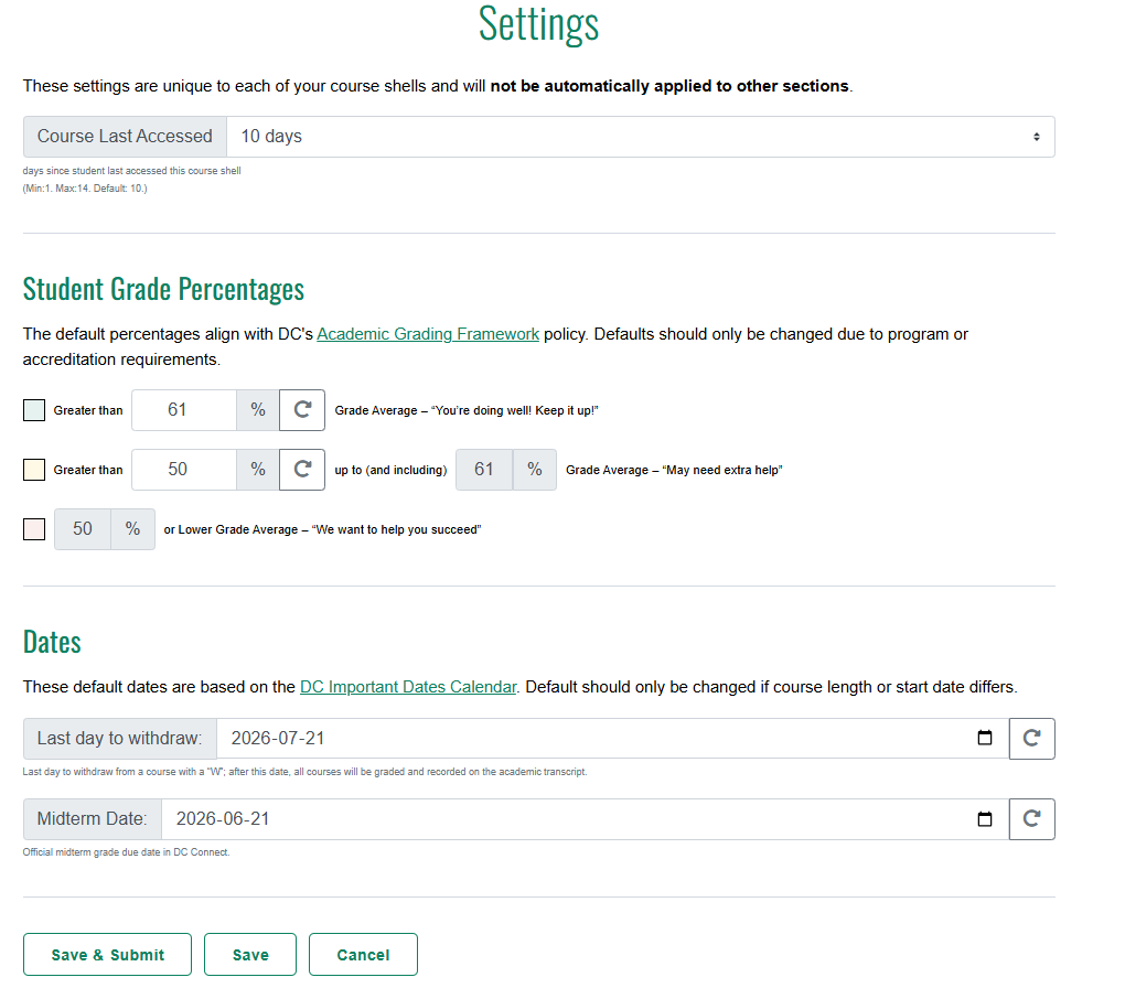 Screenshot of the settings screen in the Course Progress Hub.
