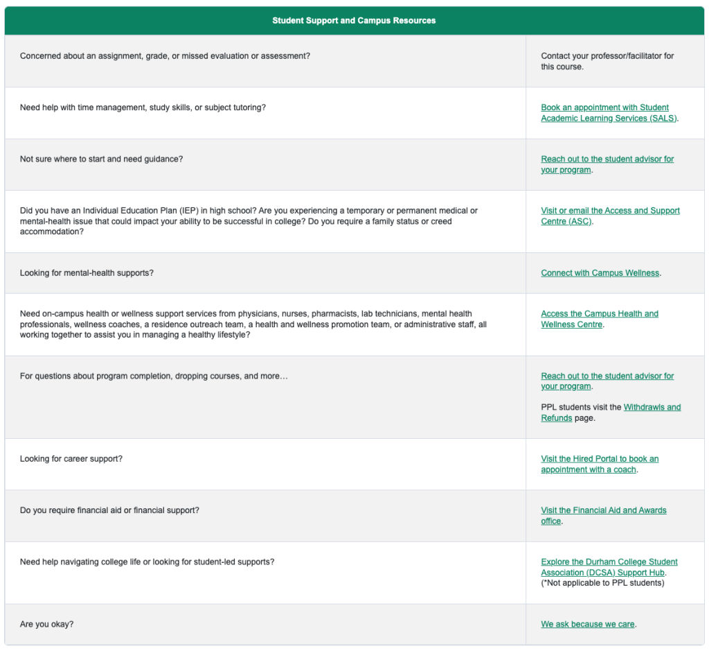 Screenshot of the support and resources available to students.