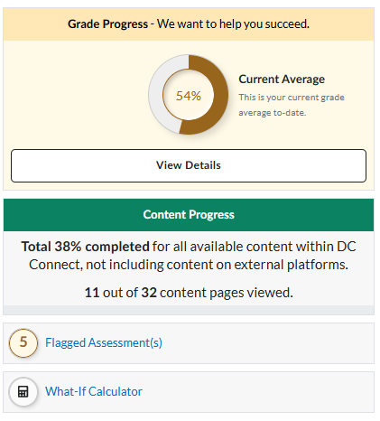 Screenshot of yellow version of the student view in the Course Progress Hub.