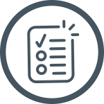 Icon of checklist with one checkmark and open circles on the left, lines representing text on the right