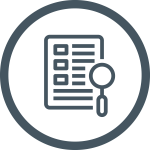 Icon of document with 3 boxes on the left, lines representing text on the right, and a magnifying glass overlaid on top