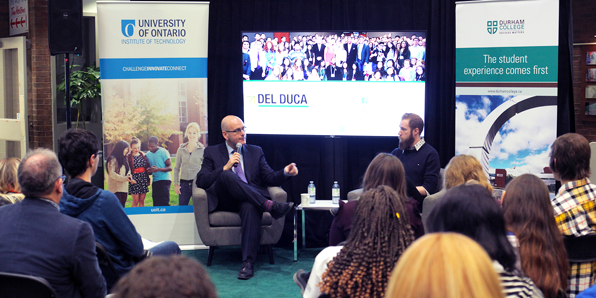On February 12, Steven Del Duca, Ontario’s Minister of Economic Development and Growth, visited Durham College’s (DC) Oshawa campus to speak with students and employees during a town hall in The Pit.