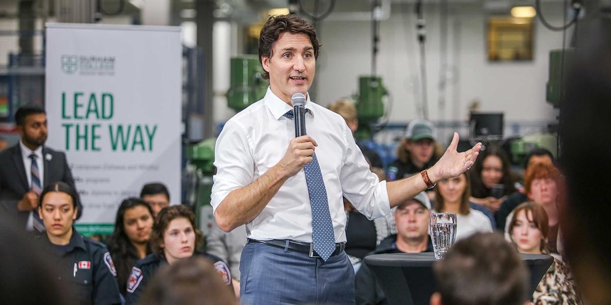 Prime Minister Justin Trudeau addressing Durham College students at the Whitby town hall event
