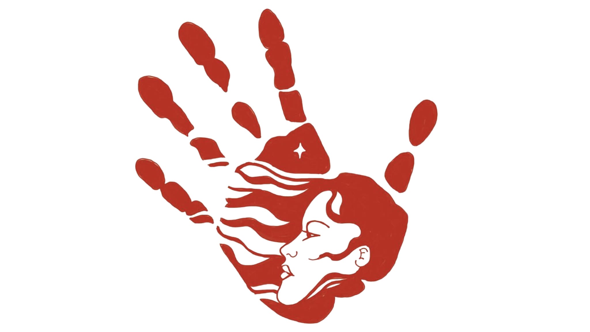 a red illustration of a woman in a handprint with her hair blowing in the wind and the northern star