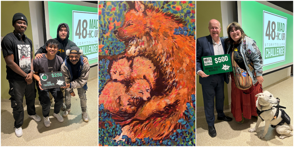 A collage shows four students, a painting, and another student with MAD Executive Dean Barry Waite.