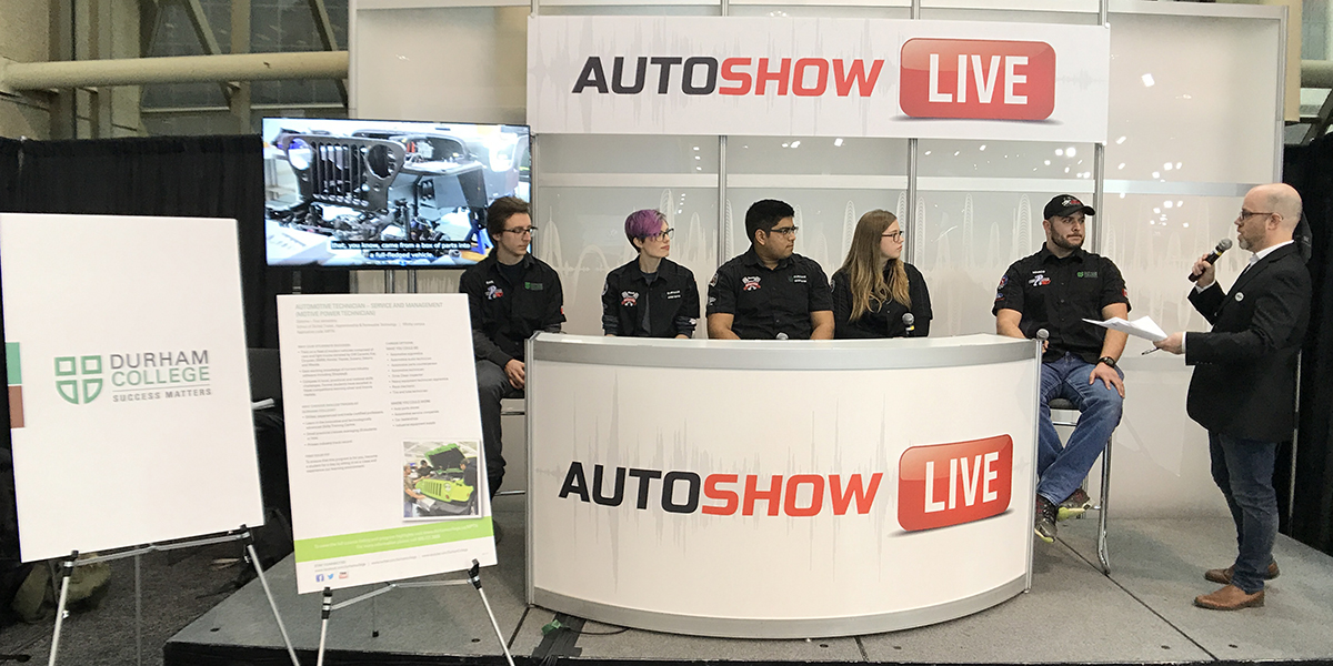 DC students Dan Howell, Marco Grande, Alorah Abell, Keeshan Sharma and Cass Vary participate in a live panel interview at the 2018 Canadian International Autoshow.