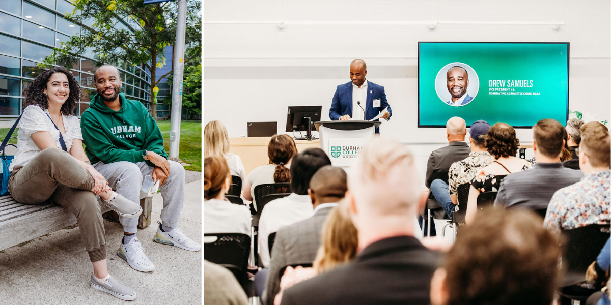 Left image: Drew Samuels sits on a bench with fellow Board member, wearing a DC sweater. Right image: Drew Samuels speaks to an audience from a podium.