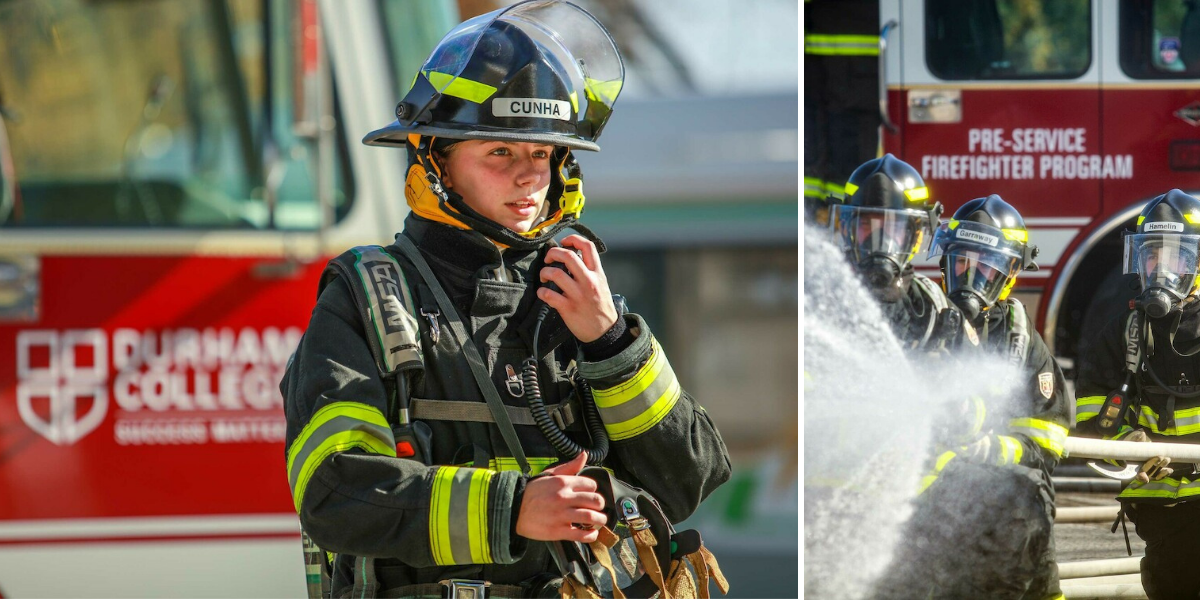 A collage of two images: 1. A student running in full firefighter gear, with a DC branded firetruck in the background, using a radio. 2. Three firefighting students using a firehose.