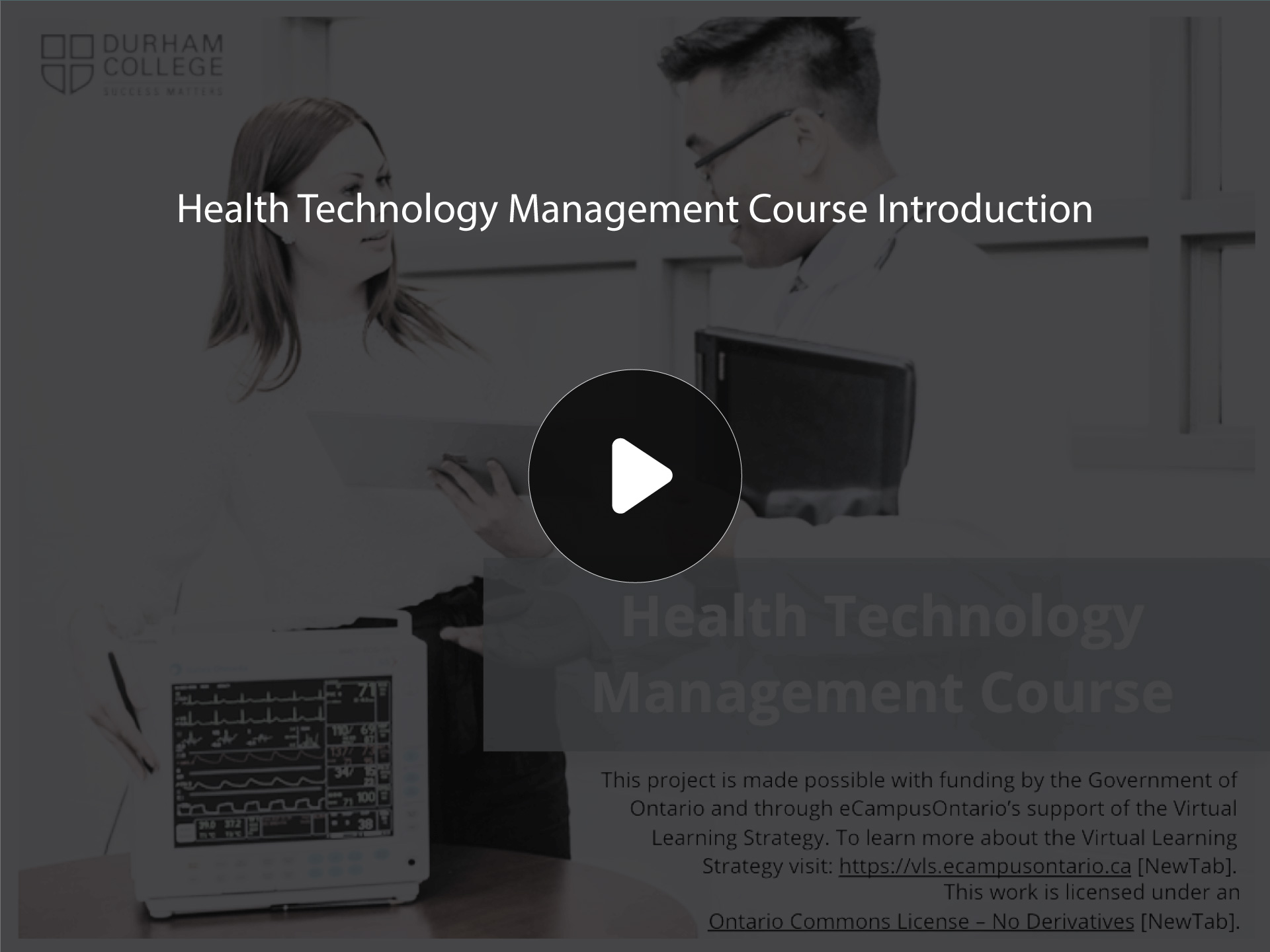 Placeholder graphic with Health Technology Management Course Introduction title and static play button