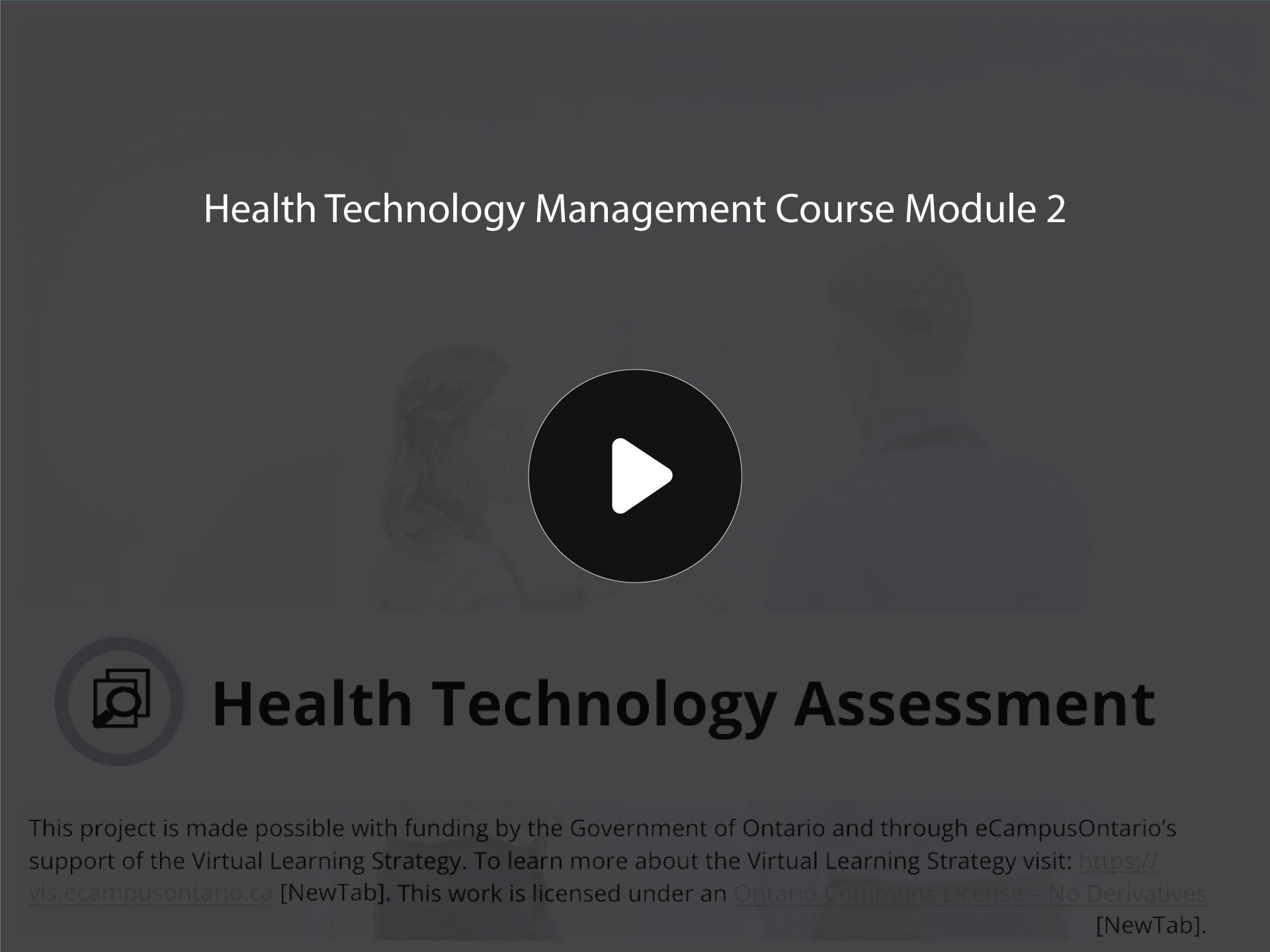 Placeholder graphic with Health Technology Management Course Module 2 title and static play button