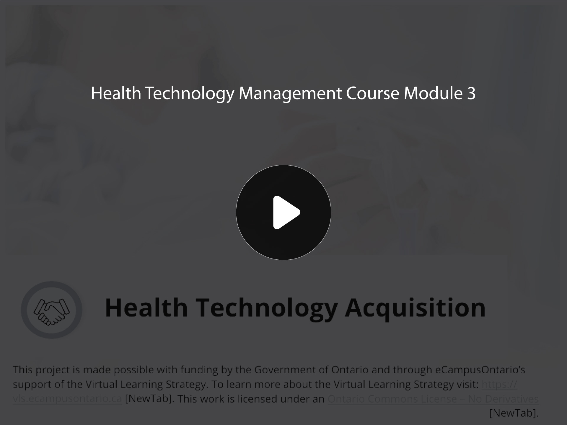 Placeholder graphic with Health Technology Management Course Module 3 title and static play button