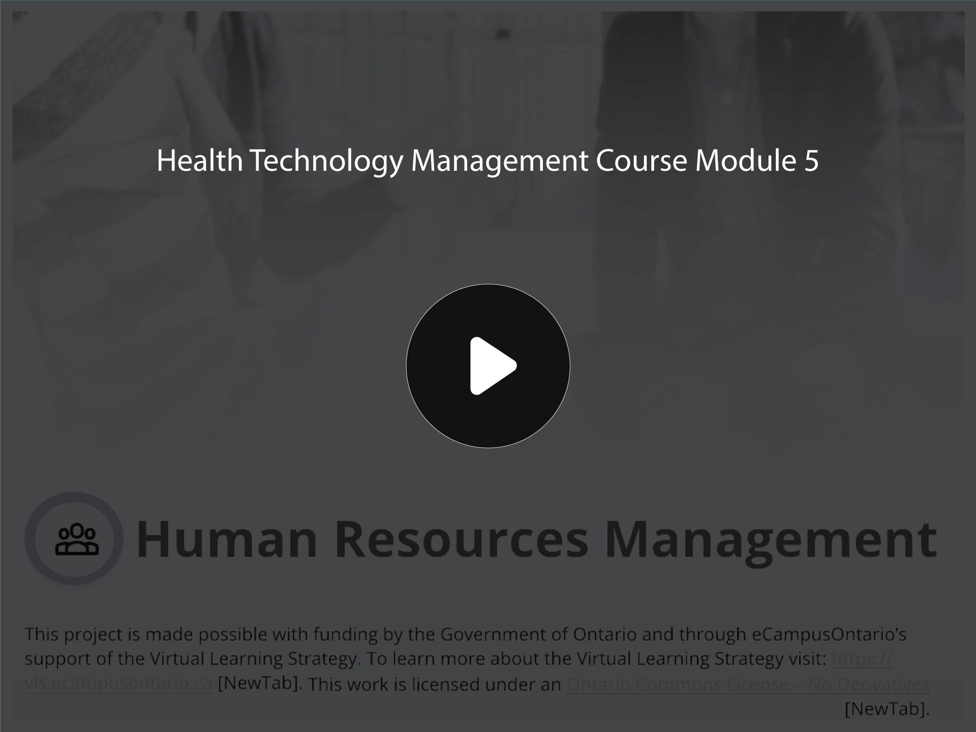 Placeholder graphic with Health Technology Management Course Module 5 title and static play button