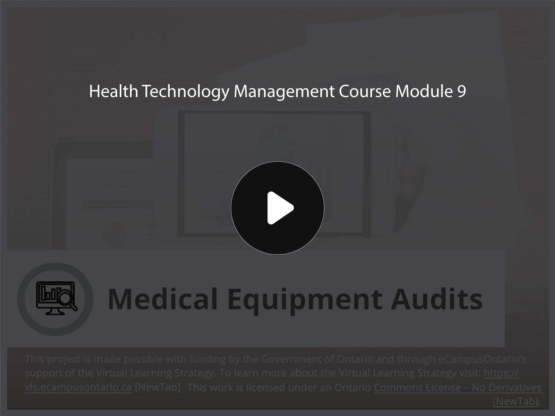 Placeholder graphic with Health Technology Management Course Module 9 title and static play button