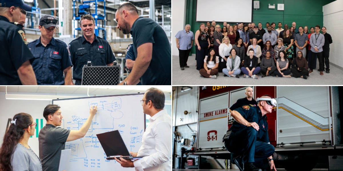 Four-panel collage shows industrial workers collaborating, a diverse team group photo, colleagues brainstorming, and firefighters practicing rescue drills in VR.