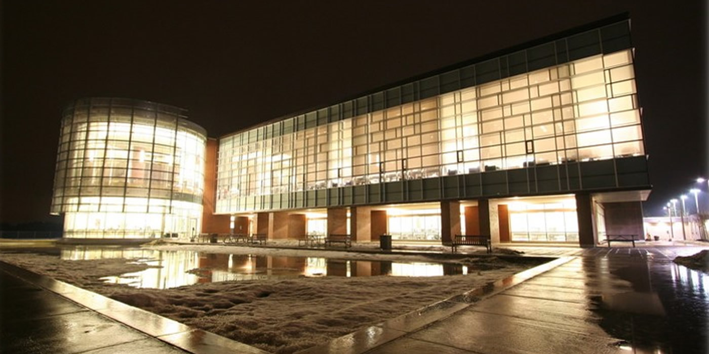 Exterior shot of the library building at night
