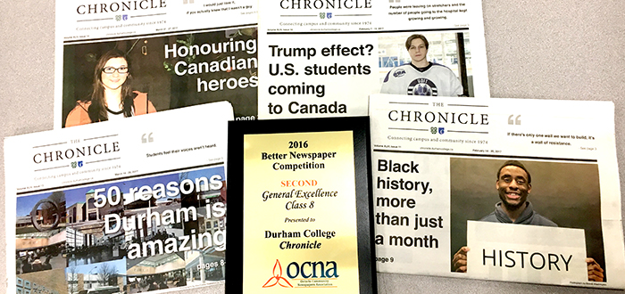 Durham College’s (DC) student-led newspaper, The Chronicle, took second place honours in the General Excellence category for Ontario college and university newspapers at the Ontario Community Newspaper Association’s (OCNA) Better Newspaper Awards gala.