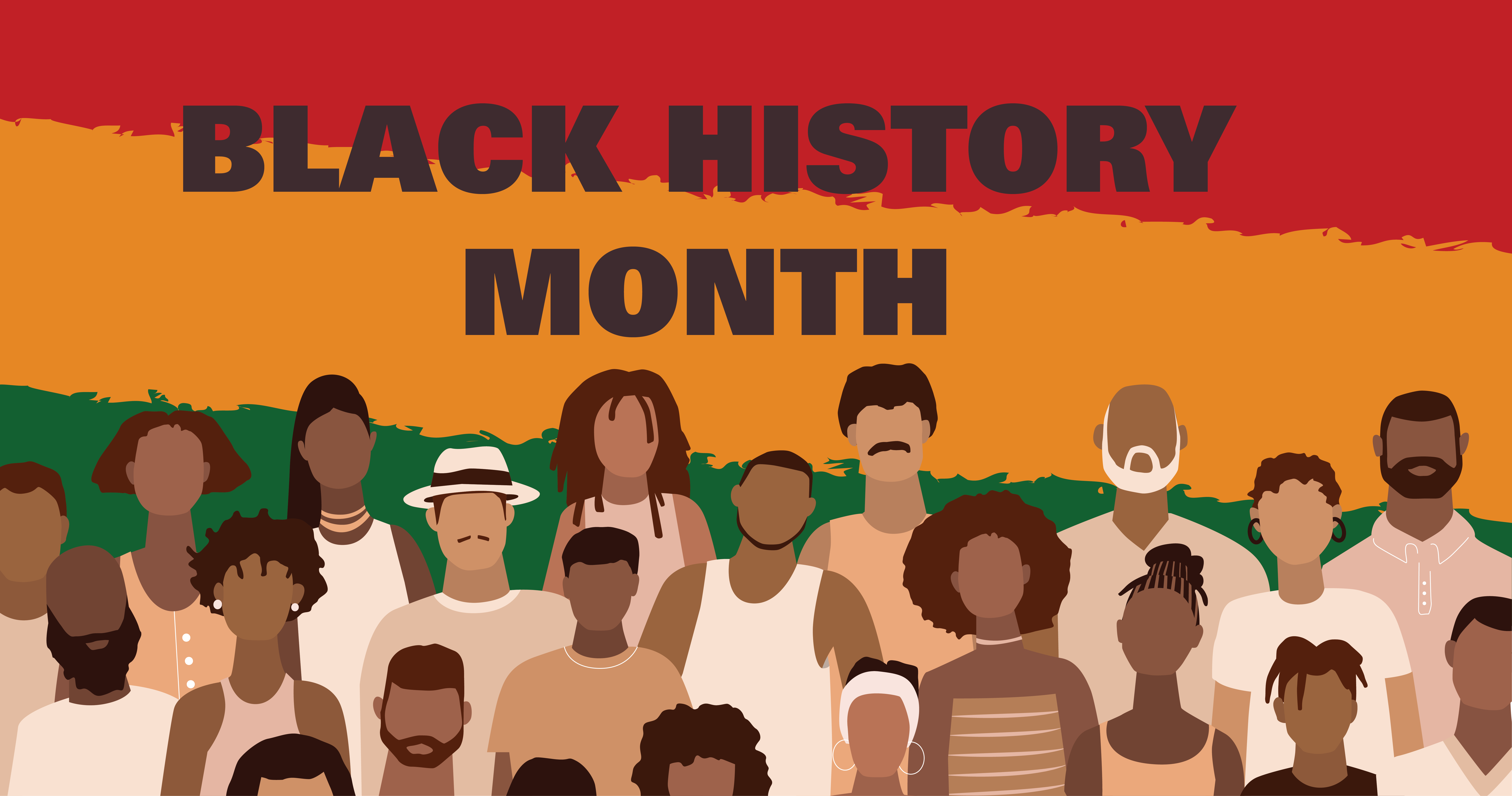 the background has large strips of red, yellow and green. in black text are the words 'black history month'. several illustrated Black people stand in front, with different body types, hair textures, and skin tones