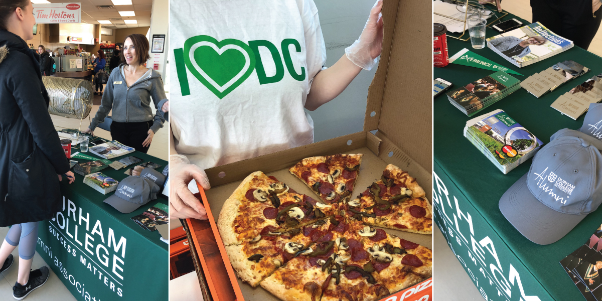 3 Images from countdown to grad: Student at DC booth in SSB, DC ambassador holding open a box of pizza, and a DC booth with promotional materials