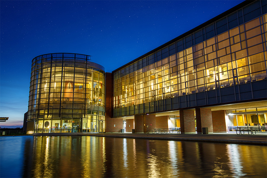 the Oshawa campus library at night