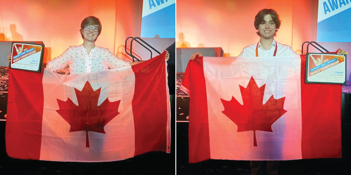 Ryanna Law and Blake Dawson hold the Canadian flag and smile.
