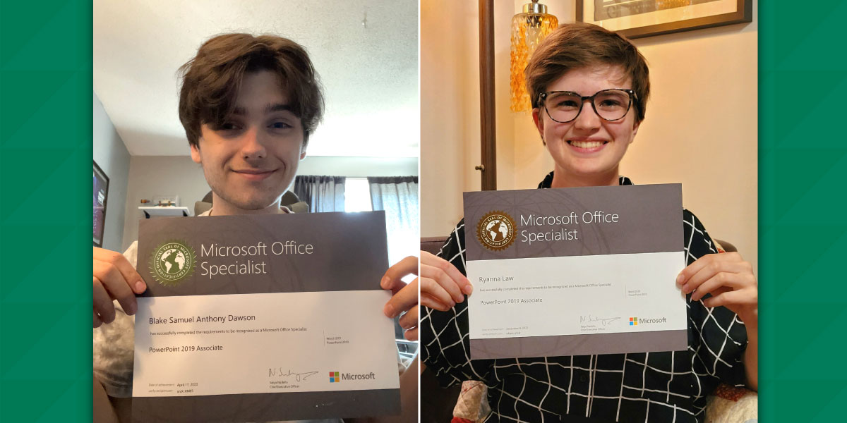 Blake Dawson and Ryanna Law show off their Microsoft Office Specialist certificates.